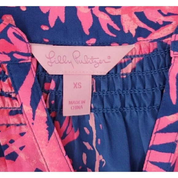 Lilly Pulitzer Silk Fushia Navy Bird Print Sleeveless Blouse High Low XS Preppy - Picture 9 of 12